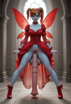 futanari, devil, evil, red skin, ginger, ((youthful small very puffy pointed ski-jump breasts with huge areolas:1.3)), natural breasts, cleavage, ((massive heavy detailed red equine cock and balls:1.3)), excessive pubic hair, (old milf:1.11), tiny odd little pixie, long spindly arms and mantis-like proportions, no pupils, glowing eyes, anime style, blue skin, f/1.4 lens, bokeh, tiny Daisy fairy princess, insect wings, see-through gossamer, in heat, in a video game, bombshell hair, glowing ginger hair, side ponytail, handstand, show full body in view, victorian, red dress, <lora:EnvyPixieXL01:.8>, <lora:victorian_dress-XL-2.0:.8>