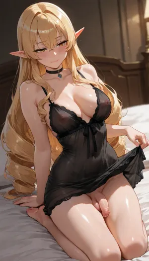 (Sole girl:1.3), Elinalise Dragonroad from Mushoku Tensei, elf, long blonde hair, naked, 20 years old, beautiful slim body, small medium natural breasts, portrait, beautiful eyes, eye contact, black choker, soft smile, kneeling on her bed, slightly leaning backward, (sexy sheer black night gown, see-through, deep cleavage, erect nipples, large areolas, upskirt, skirt lift, futanari, small bare flaccid cock, tiny naked cock:1.3), view from below