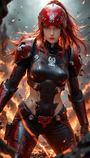 Powerful female Doomguy, badass woman in iconic green UAC power armor, feminine athletic muscular body, detailed feminine face with strong determined expression, glowing red visor on helmet, long flowing hair under helmet or ponytail, carrying massive super shotgun, dynamic action pose, standing in hellish demonic landscape with blood, fire, skulls and lava, dramatic cinematic lighting, ultra-detailed, 8k, photorealistic or high-quality game art style, intense atmosphere, masterpiece, best quality, <lora:LCMTurboMix_Euler_A_fix:1.8>, <lora:style_lora_realis:1.4>, <lora:CinematicStyle_v1:2>, <lora:attractive_notrigger:1.3>