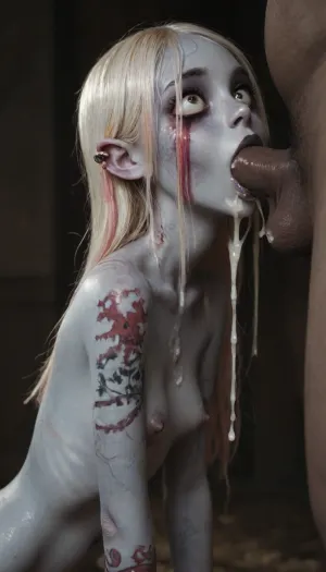 (Jack Cayless art style), score_9, score_8_up, score_7_up, score_6_up, horror, undead, (zombie girl:1.8), (skinny:1.4), long white hair with pink highlights, tattoos, piercing, black lipstick, fishnets, round ass, open mouth, breasts visible, 1girl, (deepthroat:1.5), (excessive cum:1.2)