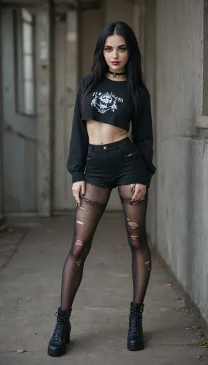 goth girl, long black hair, black chocker, pink lipstick, ripped revealing pantyhose, goth, long legs, perfect face, green eyes, horny smile