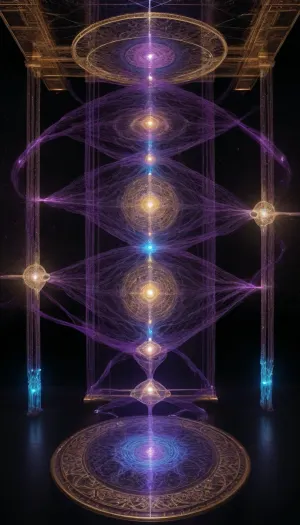 Generate a singular, hyper-detailed, and awe-inspiring image depicting a monumental, celestial loom suspended in a dark, infinite void. At the center of the loom, an ethereal, multi-armed quantum artisan, (evoking the ancient weaver archetype), manipulates glowing, UV-reactive threads that represent the probability waves of alternate timelines. The entire web is illuminated exclusively by a focused 365nm UV beam, causing the quantum silk to fluoresce into intricate mandalas of sacred geometry, galaxy clusters, and branching timelines in neon gold, quantum turquoise, and deep ultraviolet purple.