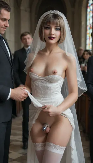 wedding, (bride Harley Quinn captured feminized femboy in metal chastity cage), (holding the hand of a dressed woman:1.5), (straight bob haircut:1.6), slut makeup, wearing white short dress, pierced on the nipples, stockings, straight legs spread wide apart, c cup breasts, black lipstick, modest eyeshadow, standing at the entrance of a church with people, to greet visitors with a smile, (bridal, veil:1.5)