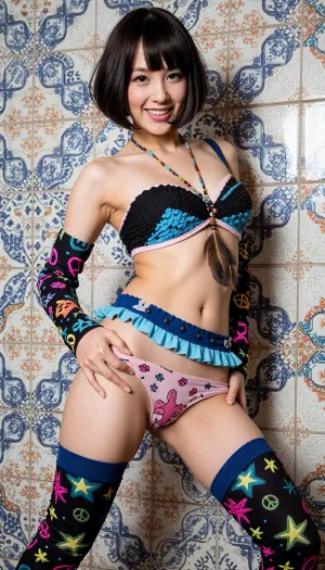 A detailed portrait of a smiling young Japanese woman with a short dark brown bob haircut, posing dynamically against a patterned tile background. She is wearing an eclectic, colorful bikini set and matching thigh-high socks, both adorned with vibrant, multicolored abstract patterns, including neon stars, peace signs, and retro graphic shapes. The top features a mix of black and blue textured fabrics with light pink trim, while the bottom is a high-cut thong bikini with a ruffled blue waist border and a pink illustrated pattern. She is accessorized with a beaded bohemian necklace with hanging brown feathers. The background consists of intricate, Moroccan-style mosaic tiles in white, blue, and orange. Bright, high-contrast studio lighting, sharp focus, capturing an energetic and playful pop-art aesthetic.
