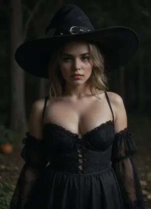 Wizard School, (Portrait:1), extremely detailed, candid Halloween picture, realistic photograph of a cute, 30-year old witch, aroused, Caucasian American, ugly pale skin, big witch hat, big chubby face, Flushed Cheeks, black eye shadow, eye liner, dark lips, (glossy lips, wet), (massive bulging bust), fat round face, greasy blonde hair, (detailed chubby face), (purple black lacy witch dress), sexy teasing, holding broomstick, standing on lawn of hounded mansion, autumn, dark night, at night, black background, foggy, mystic, (fully clothed), shoulders, <lora:SDXLHighDetail_v6-000005:1>, <lora:runga_8.1-000002:.5>, <lora:dark:.8>, Dark, Fantasy, page, <lora:Dark Fantasy:.8>, green, eyes, blue, brown, perfecteyes, <lora:PerfectEyesXL:.8>