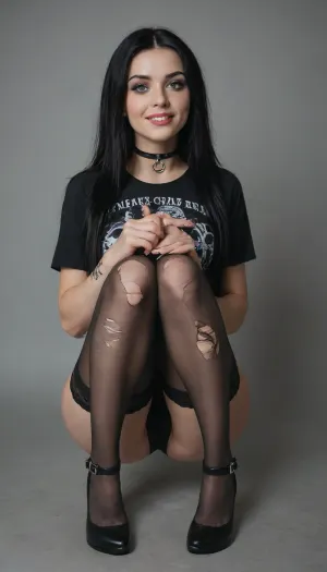 goth girl, long black hair, black chocker, pink lipstick, ripped revealing pantyhose, goth, long legs, perfect face, green eyes, horny smile