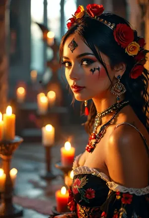 (smooth rendering and vibrant colors:.1), Photorealistic, Very detailed, deep depth of field, ultra-high resolution, Sharpened, Parallax, Overexposure, Wide Angle, PopArt, Cinematic, Dramatic dark sunset with long shadows, A young, stunning, wild, seductive, coquettish, slender, Mexican woman, She is wearing a La Muerta costume and La Muerta Makeup, Mexican jewelry, She is performing an occult La Muerta ceremony in front of a church in Mexico with a skull, (She hold a scull), (sculls and candles stand on the floor), Candlelight, She have flat small breasts, natural soft shining skin, soft face and body, She plays romantically with her hair, (She is looking in any direction), (((bird's-eye view from any direction))), (Face closeup), /KlTTY-ART/, <lora:COMFYUI_mimic_landscape_-_XL_SDXL v2.0:.1>, <lora:attractive_notrigger:.1>, <lora:MJ52:.1>