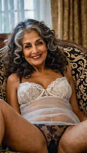 South Indian woman, grandma, (70 year old mature woman), Lying back in an oversized chair with her, (legs open), black lace nylon panties, and a lose white night dress, (drunk), extremely tipsy eyes, hip length long curly grey hair, extremely messy hair, Cheeks flushed from alcohol, Lips parted in an uninhibited sexual sultry smile, one lip corner curled higher in a playful, (sexual seductive smirk), eyes glazed and half-lidded, Mascara slightly smudged beneath the lower lash line. Eyebrows relaxed, giving a soft, dreamy sexy look. A stray lock of hair falling across the forehead. Skin has a warm sheen from body heat, subtle highlight along the cheekbones and nose bridge. Eyes catching low, warm lighting, skin imperfections, perfect eyes