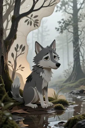 A detailed shot in the distinct aesthetic of 1979 Soviet cutout animation, directly referencing the artistic style of Yuri Norstein and Franceska Yarbusova. A small, frail grey wolf with large, expressive, sad eyes sitting near a damp forest edge. The artwork is composed of layered, hand-painted paper cutouts on glass plates, displaying visible subtle paper thickness, fibrous textures, and soft cast shadows between layers. The background features delicate ink-and-wash trees, soft translucent fog, and muted wash textures. Color palette consisting exclusively of aged grey, washed-out sepia, damp charcoal, bone white, and dark moss green. Atmospheric lighting with gentle glow, warm highlights on the character, and deep atmospheric haze. Bittersweet, melancholic, handcrafted, traditional Soviet fine-art animation frame.