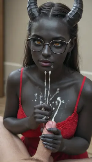 (1woman, 1man, hetro couple), (handjob, holding man's cock), high quality fantasy art of a beautiful adorable super cute demon woman, glowing within, delicate, kawaii, adorable, a dark demon woman with black horns, (black skin:1.6), (beautiful face:1.1), (old milf:.8), glasses, red dress, looking at viewer, (handjob for, (small cock:1.6)), (cum on body:1.6), (ejaculation:1.7), (thick cum), (white cum), <lora:SDXLFestiveSnow:.2>, <lora:BD1.1-000009:1.1>