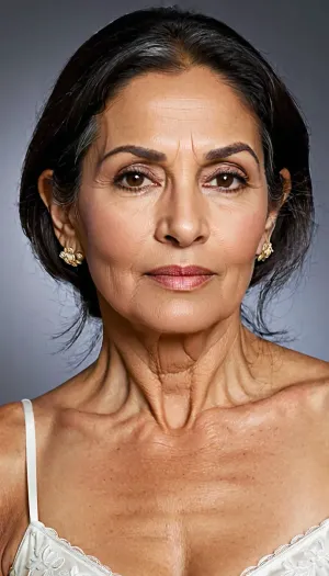 South Asian mature woman, 70 year old, facial features, The forehead shows fine to moderate horizontal wrinkles along with faint vertical lines between the eyebrows. Naturally full, gently arched eyebrows remain well defined but sit slightly lower due to mild age-related brow descent. The almond-shaped brown eyes remain expressive, though mild upper eyelid hooding, under-eye hollows, slight puffiness, and fine crow’s feet contribute to a mature appearance. The straight, proportionate nose exhibits minimal age-related change. The cheeks show moderate volume loss, creating a leaner mid-face with more noticeable nasolabial folds and subtle hollowing beneath the cheekbones. The lips are slightly thinner than in youth but remain well defined, accompanied by fine vertical lip lines and shallow marionette lines extending from the corners of the mouth. The jawline appears softer with mild skin laxity along the lower face, while the neck displays visible platysmal bands, horizontal neck lines, and slight looseness beneath the chin. The skin retains a healthy, even complexion despite fine and moderate wrinkles around the forehead, eyes, and mouth. Dark hair with natural gray at the temples and center part completes the appearance of graceful aging. legs slightly open, black nylon panties, and a lose white night dress, full body view.