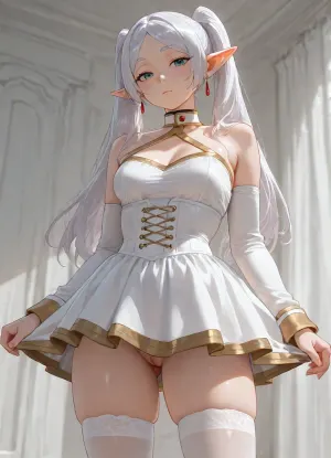 girl, Frieren, elf, long white hair, standing, white underbust corset, white ruffled skirt, medium breasts, long white sleeves, open shoulders, skinny legs, transparent white hold-ups stockings, curved pose, bare pussy