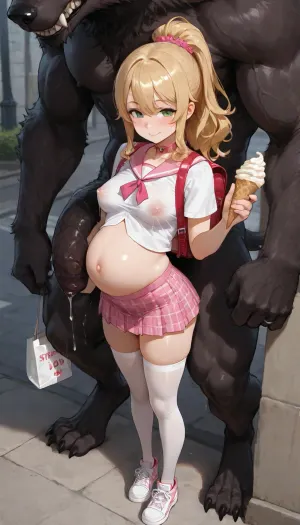 (masterpiece, best quality, highres, anime style), BREAK, 1girl, (Lana), 1werewolf, (Alpha), BREAK Lana, petite, really short, sweet, happy, small pregnant stomach, big green eyes, slender legs, ((long wavy blonde hair)), hair in a ponytail, medium breasts, massive nipples, puffy nipples, long nipples, heavily lactating, lots of white milk, white button up with pink collar, breast’s covered by blouse, white thigh high socks, white sneakers, pink tiny checkered skirt, pink backpack purse, wedding ring, cum dripping down Lana’s legs, Lana is holding an ice-cream cone
Alpha, giant werewolf, scarred, extremely muscular, extremely tall, huge cock, thick wedding ring, holding shopping bags
BREAK Alpha and Lana are standing on the sidewalk, ((ALPHA is touching Lana’s ass)), (Natural light, explicit, nsfw)