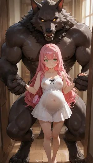 (masterpiece, best quality, highres, anime style), BREAK, 1girl, (Lana), 1werewolf, (Alpha), BREAK Lana, petite, really short, sweet, happy, small pregnant stomach, big green eyes, long wavy blonde hair, hair down to her hips, medium breasts, massive nipples, puffy nipples, heavily lactating, lots of white milk, white dress with sunflowers, cum dripping down legs, small pink hair barrette, pink backpack purse, flip flops
Alpha, giant werewolf, scarred, extremely muscular, extremely tall, huge cock
BREAK Alpha and Lana are standing in the living room. Alpha and Lana are holding hands
BREAK, (Natural light, explicit, nsfw)