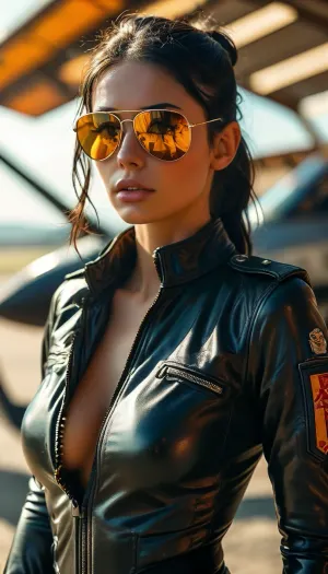Masterpiece, view from below, French 30 years old woman, tall, ((strict ponytail black hair)), sexy, seductive face, tanned, heavy eyeliner, large natural boobs, ((black jet fighter pilot suit)), (deep cleavage), ((standing)), military airfield, bright sun, perfect hands, ((mirror aviator sunglasses)), looking, at, viewer, <lora:style_lora_realis:.8>, <lora:MJ52:.8>, <lora:looking_at_viewer:.8>