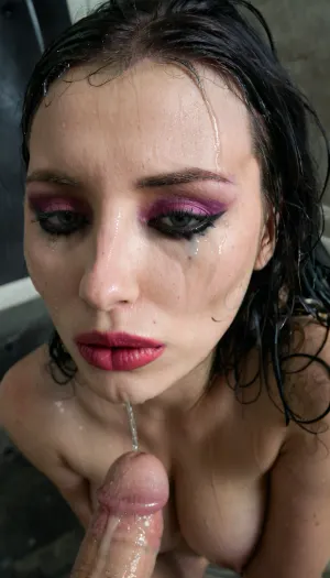 (Full body portrait:1), (candid amature photo:1), In a luxurious goth bedroom, depressed hot gorgeous goth woman having her face glazed in thick cum that ruined her heavy watered makeup, sexually abused breathtaking beautiful 18 years old goth woman, rectangular beautiful skinny face, small upturned thin nose, strong feminine jawline, beautiful high-cheekbones, (wet heavily ruined makeup:1.4), (mascara rimmel tears:1.2), heavy watered eyeshadows, (ruined lipstick around her lips:1.3), (very long black dirty hair with bangs:1), anorexic body, gigantic saggy breasts, (very sad desperate and exhausted appearance:1.3), depressed goth girlfriend, desperate, no-will-for-life, (extremely pale goth skin:1), microwaist, huge natural saggy breasts, green-grey open eyes, (a man is grabbing her hair:1.2), (open eyes:1.4), (sad tired eyes crying watered eye contact with viewer:1), (fifty gallows of thick cum poured on her face and body:1.4), in luxurious bedroom cold low lighting, photorealistic glazed with cum skin, photorealistic skin details, soft-moles, pimples, dimples, acne, blemishes, blushes, skin pores, detailed, sad, sorrowful, looking, tears, 4ng3l, face, Object, gd, erection, sex, toy, penis, large, <lora:Wet_Makeup__Runny_Mascara-000006:.8>, <lora:polyhedron_tears-000003:.8>, <lora:SDXL_BetterFaces-LoRA_v1:.8>, <lora:dark:.8>, <lora:Penis_XL:.8>