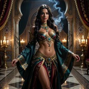 A breathtaking cinematic portrait of a beautiful concubine in the Grand Sultan’s palace, captured in a moment of graceful movement through a lavish marble hallway. She is adorned in exquisite, intricately embroidered silk robes in deep jewel tones of emerald, gold, and crimson, embellished with shimmering precious gems and ornate gold filigree jewelry. Her long, lustrous hair cascades down her shoulders, catching the soft, flickering glow of golden candlelight that illuminates the scene. The background features grand arches, mosaic-tiled walls, and opulent drapery, with wisps of fragrant incense smoke curling through the air, creating a mysterious and ethereal atmosphere. The lighting is warm and dramatic, with deep shadows enhancing the sense of luxury and intimacy. Ultra-realistic, 8k resolution, cinematic composition, rich textures, oriental fairy tale aesthetic, sophisticated and alluring mood, highly detailed skin and fabric textures.