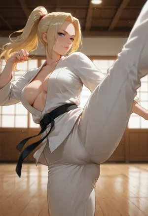 masterpiece, best quality, absurdres, newest, highres, very aesthetic, 1girl, solo, Ino Yamanaka from Naruto, long blonde ponytail, mature female, adult, athletic, toned body, narrow waist, small medium breasts, soft smile, horny expression, karate gi, white karate uniform, black belt, long white sleeves, open gi jacket, bare torso, nipslip, one tit out, high kick, kicking, side kick, dynamic pose, karate stance, one leg raised high, from side, side view, profile, dynamic angle, dojo, wooden floor, traditional dojo background, detailed background, cinematic lighting, dramatic lighting, rim light, motion blur, intricate details, highly detailed, detailed face, detailed eyes, looking at viewer, deep cameltoe
