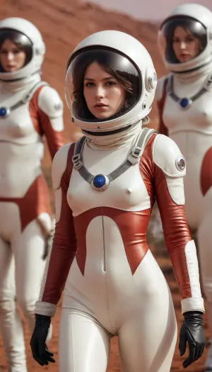 Hentai anime illustration by Bobby Abley, closeup portrait, award winning photography, 20 years old beautiful woman, supermodel body, thigh gap, very soft dark dim moody lighting, cinematic photo, Waist-up, muted photo portrait titled "a group of female astronaut in mars", walking, observing, shiny helmet ivory cold color palette, full body suits, textured thick fabric, zipper, gloves, muted colors, detailed, 8k, puffy cameltoe, high quality detailed mars surface, red sky, perfect lighting, outdoor, enhanced background. shot with leica summicron 35mm f2.0 lens on kodak portra 400 film, masterpiece, sexy, aesthetic, trending on pintrest, 35mm photograph, film, bokeh, professional, highly detailed, Radiant, in the style of Max Dupain, <lora:add-detail-xl:.9>, <lora:bralessSDXL_v1_00022:.1>