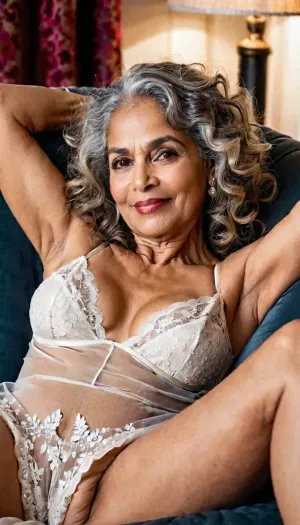 South Indian woman, grandma, (70 year old mature woman), Lying back in an oversized chair with her, (legs open), black lace nylon panties, and a lose white night dress, (drunk), extremely tipsy eyes, hip length long curly grey hair, extremely messy hair, Cheeks flushed from alcohol, Lips parted in an uninhibited sexual sultry smile, one lip corner curled higher in a playful, (sexual seductive smirk), eyes glazed and half-lidded, Mascara slightly smudged beneath the lower lash line. Eyebrows relaxed, giving a soft, dreamy sexy look. A stray lock of hair falling across the forehead. Skin has a warm sheen from body heat, subtle highlight along the cheekbones and nose bridge. Eyes catching low, warm lighting, skin imperfections, perfect eyes