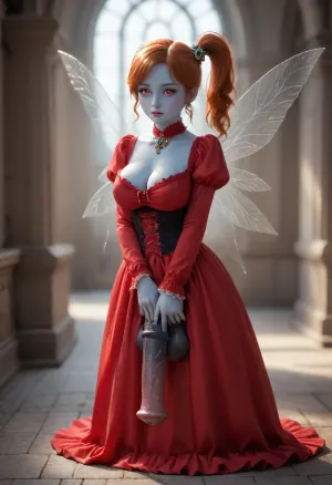 futanari, devil, evil, red skin, ginger, ((youthful small very puffy pointed ski-jump breasts with huge areolas:1.3)), natural breasts, cleavage, ((massive heavy detailed red equine cock and balls:1.3)), excessive red pubic hair, (old milf:1.11), tiny odd little pixie, long spindly arms and mantis-like proportions, no pupils, glowing eyes, anime style, blue skin, f/1.4 lens, bokeh, tiny Daisy fairy princess, insect wings, see-through gossamer, in heat, in a video game, bombshell hair, glowing ginger hair, side ponytail, handstand, show full body in view, victorian, red dress, <lora:EnvyPixieXL01:.8>, <lora:victorian_dress-XL-2.0:.8>