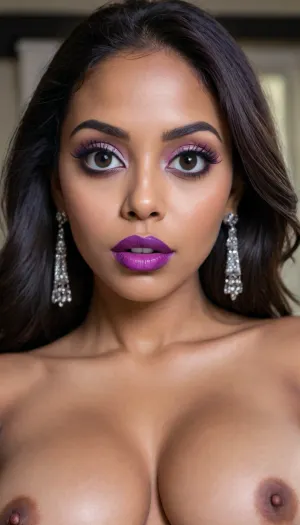 Insanely close up detailed photo of an latin 28-year-old girl, curvy body, latina, black straight hairs, full lips, (((violet lipstick))), (((very very big eyes))), make up, dark skin, (dark skin cinnamon), (nude:1.2), (naked:1.3), (((no clothes))), (((with elastic big breasts))), (((earrings))), (different poses), (pussy visible:1.3), sexy, beautiful, tanned, with a perfect face, detailed face, (detailed hair, light hairstyle:1.1), (shiny dark skin body, realistic sweat:1.1), straight hairs, black hairs, earrings, nose earrings, Looking at the camera, in a dark room, lots of details, three-dimensional, epic, clear focus, depth of field, professional lighting, full view, 8k photography, HDR, the picture was taken on Canon EOS R5, 75 mm lens