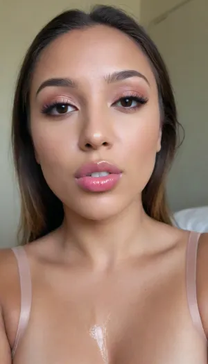 (A Filipina's slut face:1.2), (27 years old), dark brown tanned skin, (movie star lips), (softly overlined lips with muted rosy nude-pink lipstick, subtle mauve undertones, slightly deeper pink lip liner defining the edges, sheer translucent gloss layered over the lipstick, soft reflective highlights on the center of the lips, naturally full-looking lips), (medium-width natural nose), (straight natural nose bridge), (softly rounded slightly bulbous nose tip), (naturally wider nostrils), (subtle nasal width), (nose proportionate to the face), masculine jaw, (softly rounded jawline), looking straight at camera, closed lips, face portrait, (round to softly oval face), natural facial asymmetry, natural facial proportions, realistic skin texture