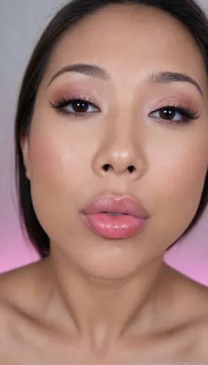 (portrait of a Pinay Filipina Asian:1.2), (tightly closed mouth, lips together:1.3), A Filipina's slut face and shoulders, (27 years old), dark brown tanned skin, (softly overlined lips with muted rosy nude-pink lipstick, (subtle mauve undertones), (slightly deeper pink lip liner defining the edges:1.2), sheer translucent gloss layered over the lipstick, soft reflective highlights on the center of the lips, naturally full-looking lips), (medium-width natural nose), (straight natural nose bridge), (softly rounded slightly bulbous nose tip), (naturally wider nostrils), (subtle nasal width), (nose proportionate to the face), masculine jaw, (softly rounded jawline), (looking straight at camera:1.1), closed lips, (face portrait), (frontal shot), (round to softly oval face), natural facial asymmetry, natural facial proportions, realistic skin texture