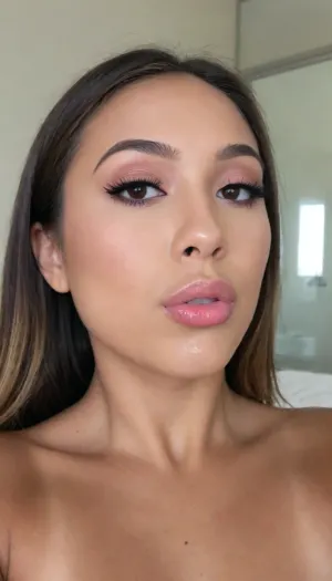 A Filipina's slut face, (27 years old), dark brown tanned skin, (softly overlined lips with muted rosy nude-pink lipstick, subtle mauve undertones, slightly deeper pink lip liner defining the edges, sheer translucent gloss layered over the lipstick, soft reflective highlights on the center of the lips, naturally full-looking lips), (medium-width natural nose), (straight natural nose bridge), (softly rounded slightly bulbous nose tip), (naturally wider nostrils), (subtle nasal width), (nose proportionate to the face), masculine jaw, (softly rounded jawline), looking straight at camera, closed lips, face portrait, (round to softly oval face), natural facial asymmetry, natural facial proportions, realistic skin texture