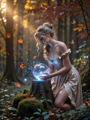 A full-body fantasy portrait of a young woman standing on a moss-covered stone stump in an autumn forest. She has wavy, light sandy blonde hair pulled back in a relaxed, messy updo with wispy bangs framing her forehead, fair skin, and a serene, downward gaze. Her hands gently cradle a glowing, translucent orb that emits sparkling blue light particles, illuminating her face and dress. Orange monarch butterflies flutter around her, while fallen maple leaves drift through the air. The background features tall trees bathed in warm golden sunlight filtering from the upper left, contrasting with cool blue magical glows surrounding the subject. The ground is covered in green undergrowth and scattered red leaves. Shot with a shallow depth of field, creating soft bokeh in the background. Style is high-fantasy digital art with cinematic lighting, vibrant color contrast between warm ambient light and cool magical effects, hyper-detailed textures on fabric and foliage, and an ethereal, dreamlike atmosphere.