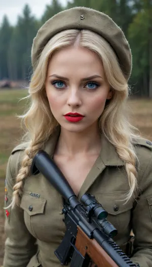 Russian sniper woman od II World.Wr, Full Body, Full view, blonde hair, Blue eyes, red lip stock, Glamour make-up, on battlefield, fucked by german soldier, lyingfloor, <lora:xl_more_art-full_v1:.8>