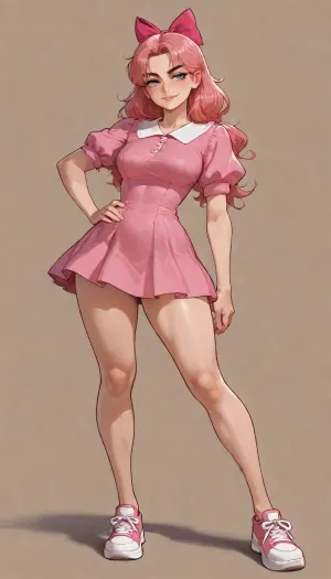 masterpiece, best quality, absurdres, very aesthetic, intricate details, 1girl, solo, helga pataki from hey arnold, aged up to 20 years old, short messy blonde hair, huge signature pink hair bow on top of head, heavy freckles across nose and cheeks, sharp blue eyes, thick dark eyebrows, slightly mature face, confident smirk, intense gaze, wearing her classic pink dress with white peter pan collar, short puffy sleeves, same exact outfit from the cartoon but on adult body, athletic and toned body, medium firm breasts, narrow waist, long legs, pink sneakers, standing pose, hand on hip, looking at viewer, hey arnold art style, cartoon aesthetic, clean thick outlines, flat colors with soft shading, vibrant pink and yellow color palette, detailed clothing folds, realistic proportions mixed with cartoon style, (helga pataki:1.3), (large pink hair bow:1.4), (freckles:1.2), (classic pink dress:1.25), hey arnold style, nickelodeon cartoon style
detailed face, sharp eyes, thick eyebrows