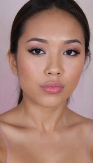 (portrait of a Pinay Filipina Asian:1.2), (tightly closed mouth, lips together:1.2), A Filipina's slut face and shoulders, (27 years old), dark brown tanned skin, (softly overlined lips with muted rosy nude-pink lipstick, (subtle mauve undertones), (slightly deeper pink lip liner defining the edges:1.2), sheer translucent gloss layered over the lipstick, soft reflective highlights on the center of the lips, naturally full-looking lips), (medium-width natural nose), (straight natural nose bridge), (softly rounded slightly bulbous nose tip), (naturally wider nostrils), (subtle nasal width), (nose proportionate to the face), masculine jaw, (softly rounded jawline), (looking straight at camera:1.1), closed lips, (face portrait), (frontal shot), (round to softly oval face), natural facial asymmetry, natural facial proportions, realistic skin texture