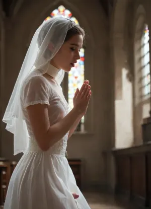 A masterpiece, full shot, cinematic photo of one femboy pray in the confessional, perfect lighting, perfect lively eyes, the altar in an antique church, In the confessional, on kneel, penis drool a lot, Divine light, in ecstasy, small, soft penis, before the cross of Jesus, side view