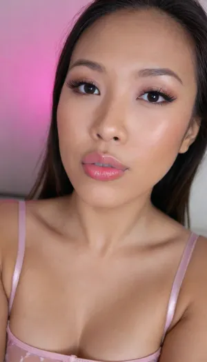 (portrait of a Pinay Filipina Asian:1.2), (tightly closed mouth, lips together:1.3), A Filipina's slut face and shoulders, (27 years old), dark brown tanned skin, (softly overlined lips with muted rosy nude-pink lipstick, (subtle mauve undertones), (slightly deeper pink lip liner defining the edges:1.2), sheer translucent gloss layered over the lipstick, soft reflective highlights on the center of the lips, naturally full-looking lips), (medium-width natural nose), (straight natural nose bridge), (softly rounded slightly bulbous nose tip), (naturally wider nostrils), (subtle nasal width), (nose proportionate to the face), masculine jaw, (softly rounded jawline), (looking straight at camera:1.1), closed lips, (face portrait), (frontal shot), (round to softly oval face), natural facial asymmetry, natural facial proportions, realistic skin texture