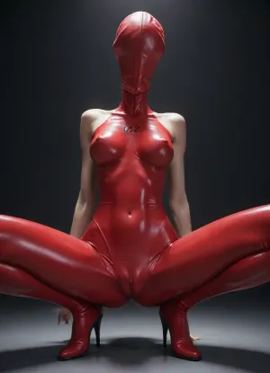 (intricately detailed Asuka from Evangelion in red latex full body catsuit), squatting, legs spread at maximum angle, (covered very massive nipples:1.5), (covered small conical breasts:1.6), (highly detailed hair), naked woman, (skinny:1.8), (huge cameltoe:1.7), Dark background