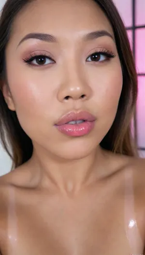 (Pinay Filipina Asian:1.2), (closed mouth), A Filipina's slut face, (27 years old), dark brown tanned skin, (softly overlined lips with muted rosy nude-pink lipstick, (subtle mauve undertones), (slightly deeper pink lip liner defining the edges:1.2), sheer translucent gloss layered over the lipstick, soft reflective highlights on the center of the lips, naturally full-looking lips), (medium-width natural nose), (straight natural nose bridge), (softly rounded slightly bulbous nose tip), (naturally wider nostrils), (subtle nasal width), (nose proportionate to the face), masculine jaw, (softly rounded jawline), (looking straight at camera:1.1), closed lips, (face portrait), (frontal shot), (round to softly oval face), natural facial asymmetry, natural facial proportions, realistic skin texture