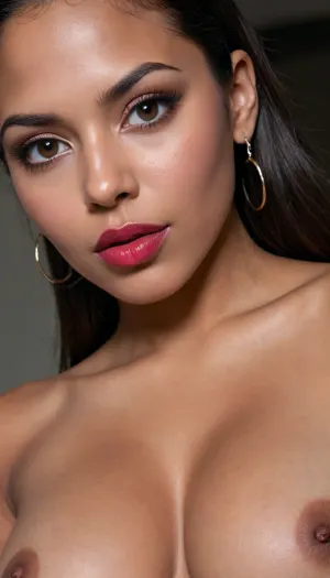 Insanely close up detailed photo of an latin 28-year-old girl, curvy body, latina, black straight hairs, full lips, (((lipstick))), very very big eyes, make up, dark skin, (dark skin cinnamon), (nude:1.2), (naked:1.3), (((no clothes))), (((with elastic big breasts))), (((earrings))), (pronebone), (pussy visible:1.3), sexy, beautiful, tanned, with a perfect face, detailed face, (detailed hair, light hairstyle:1.1), (shiny dark skin body, realistic sweat:1.1), straight hairs, black hairs, earrings, nose earrings, Looking at the camera, in a dark room, lots of details, three-dimensional, epic, clear focus, depth of field, professional lighting, full view, 8k photography, HDR, the picture was taken on Canon EOS R5, 75 mm lenst