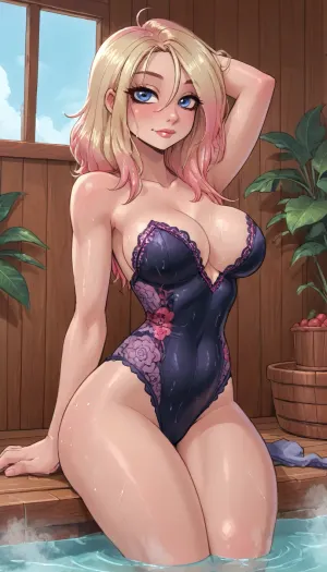 (innv meets jack cayless style), (reiq style, masterpiece, cel-shaded, limited color palette), ((Beautiful Sexy Muscles Gwen from marvel body)), (1girl, solo, alone, 21 year old woman), ((1girl, solo, alone, 21 year old woman body)), (blonde with pink tips hair), (gorgeous, seductive face, mature, ads, perfect breast, perfect hands, perfect legs, small waist, thick thighs, hips, big ass, sweaty body), (spiderweb black crisscross lace swimsuit:1.1), (((posing))), (sauna, steam, summer, beach, tropical, flowers, plants, sauna background), ultravio let light, LoL, Style, ratatatat74, <lora:mk_Bp Anime_xl:2>, <lora:cartoon_stickers_xl_v1:2>, <lora:Spider-Gwen:2>, <lora:LCMTurboMix_Euler_A_fix:2>, <lora:ratatatat74-000050:2>