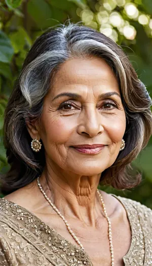 A realistic portrait of a graceful 70-year-old South Asian woman with a balanced oval face and soft, harmonious proportions. She has fine to moderate horizontal forehead wrinkles, faint frown lines, gentle crow’s feet, mild upper eyelid hooding, subtle under-eye hollows, and delicate smile lines. Moderate cheek volume loss creates natural nasolabial folds and slight marionette lines, while a softened jawline and mild neck laxity with horizontal neck lines and subtle platysmal bands reflect healthy aging. Her complexion remains even and luminous with natural skin texture. Thick dark brown hair, elegantly styled in loose waves, features natural silver-gray streaks concentrated along the center part and temples. She wears refined makeup with rosy cheeks, soft mauve lips, and warm brown eyes, maintaining a kind, confident smile. The lighting is soft and flattering, creating a photorealistic, high-resolution portrait that emphasizes graceful, natural aging rather than exaggerated wrinkles.