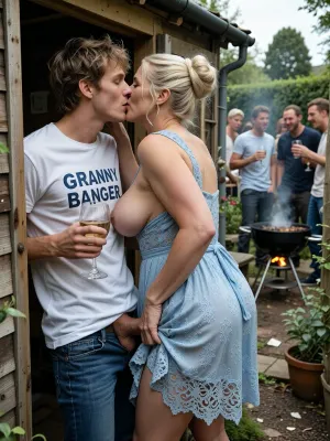 Neighbourhood garden drinks party. In the untidy garden shed, a 22yo handsome man, touseled sandy hair, in blue jeans and a white cotton shirt with the words “GRANNY BANGER” on it, has doggystyle sex from behind with the busty housewife, 55 + years old, (he puts his hard cock between her buttocks:1.5), (analsex:1.4), he cuddles up behind the woman, kissing her on the side of her neck while slipping a hand around toncup her heavy sagging breasts, the busty plus sized horny housewife, platinum blonde in high elaborate updo., hides inside the shed with the door open. while holding a glass of wine in one hand, her body angled so that her back is toward the man, her posture subtly deliberate yet natural, she wears a delicate summer blue lace dress, the fabric extremely fine and lightweight, (her free hand lightly lifting the fabric near her ass in a sexy and almost absent minded gesture:1.4), (The couple hide inside the shed as the guests party in the English cottage garden:1.2), in the background through the doorway in the back garden the crowd are laughing and drinking, cooking on a smoky bbq, softly out of focus, they are unaware of the full situation, the composition emphasizing layered perspective, concealment, ultra photorealistic, cinematic realism, extremely high detail, 35mm film photography, shallow depth of field, smooth bokeh, non uniform sharpness, hyper realistic skin texture with visible pores and natural imperfections, (lifelike faces with detailed eyes:2), natural asymmetry, realistic facial expressions, highly detailed fabric rendering, physically accurate lighting, natural falloff, cinematic color grading, analog film grain, no digital sharpness, no HDR look, real world texture fidelity, (faces of the man and the woman in the foreground rendered with exquisite attention to detail), dark cinematic lighting, chiaroscuro.