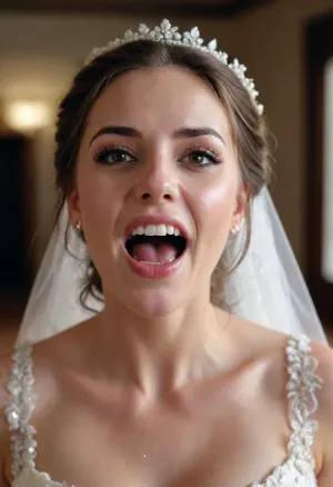 3/4 body shot of happy woman wearing wedding dress with cum on her forehead, open mouth, (cum in mouth:1.3)