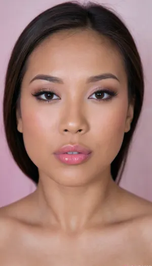 (portrait of a Pinay Filipina Asian:1.2), (tightly closed mouth, lips together:1.2), A Filipina's slut face and shoulders, (27 years old), dark brown tanned skin, (softly overlined lips with muted rosy nude-pink lipstick, (subtle mauve undertones), (slightly deeper pink lip liner defining the edges:1.2), sheer translucent gloss layered over the lipstick, soft reflective highlights on the center of the lips, naturally full-looking lips), (medium-width natural nose), (straight natural nose bridge), (softly rounded slightly bulbous nose tip), (naturally wider nostrils), (subtle nasal width), (nose proportionate to the face), masculine jaw, (softly rounded jawline), (looking straight at camera:1.1), closed lips, (face portrait), (frontal shot), (round to softly oval face), natural facial asymmetry, natural facial proportions, realistic skin texture