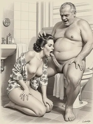 This is is a detailed monochromatic pencil drawing in a classical illustrative style depicts a scene set in Russian, 1950s, (1 woman + 1 very ugly old men), Beautiful sexy brown hair mother elegant hairstyle wearing in open short floral robe on a naked body, she in bathroom on her knees in bathroom and licking the cock of Obese ugly old man 90 yo who sits on the toilet, seductive face, very excited, lustful, old man's hand on mother's head, The overall mood is intense, rendered in fine, expressive line work and subtle shading, evoking the style of 1950s satirical or moralistic illustrations.