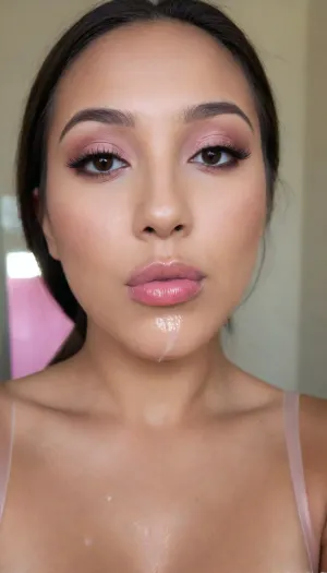 A Filipina's slut face, (27 years old), dark brown tanned skin, (closed mouth), (softly overlined lips with muted rosy nude-pink lipstick, subtle mauve undertones, slightly deeper pink lip liner defining the edges, sheer translucent gloss layered over the lipstick, soft reflective highlights on the center of the lips, naturally full-looking lips), (medium-width natural nose), (straight natural nose bridge), (softly rounded slightly bulbous nose tip), (naturally wider nostrils), (subtle nasal width), (nose proportionate to the face), masculine jaw, (softly rounded jawline), looking straight at camera, closed lips, face portrait, (round to softly oval face), natural facial asymmetry, natural facial proportions, realistic skin texture