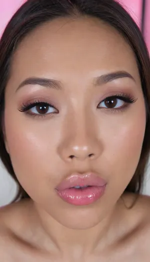(Pinay Filipina Asian:1.2), (closed mouth), A Filipina's slut face, (27 years old), dark brown tanned skin, (softly overlined lips with muted rosy nude-pink lipstick, (subtle mauve undertones), (slightly deeper pink lip liner defining the edges:1.2), sheer translucent gloss layered over the lipstick, soft reflective highlights on the center of the lips, naturally full-looking lips), (medium-width natural nose), (straight natural nose bridge), (softly rounded slightly bulbous nose tip), (naturally wider nostrils), (subtle nasal width), (nose proportionate to the face), masculine jaw, (softly rounded jawline), looking straight at camera, closed lips, (face portrait), (round to softly oval face), natural facial asymmetry, natural facial proportions, realistic skin texture