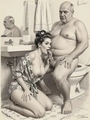 This is is a detailed monochromatic pencil drawing in a classical illustrative style depicts a scene set in Russian, 1950s, (1 woman + 1 very ugly old men), Beautiful sexy brown hair mother elegant hairstyle wearing in open short floral robe on a naked body, she in bathroom on her knees in bathroom and licking the cock of Obese ugly old man 90 yo who sits on the toilet, seductive face, very excited, lustful, old man's hand on mother's head, The overall mood is intense, rendered in fine, expressive line work and subtle shading, evoking the style of 1950s satirical or moralistic illustrations.