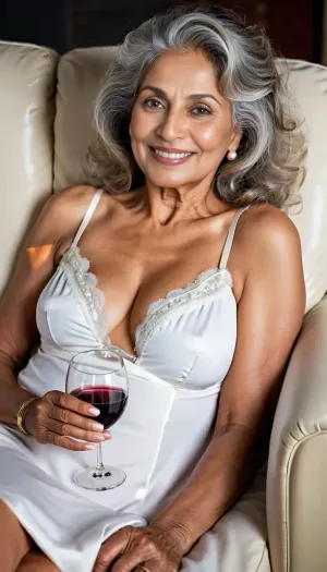 South Indian woman, grandma, (70 year old mature woman), Lying back in an oversized chair with her, legs slightly open, black nylon panties, and a lose white night dress, (drunk), (extremely tipsy eyes:1.2), long grey hair, extremely messy hair, Cheeks flushed from alcohol, (Lips parted in an uninhibited sexual sultry smile), one lip corner curled higher in a playful sexual seductive smirk eyes glazed and half-lidded, Mascara slightly smudged beneath the lower lash line. Eyebrows relaxed, giving a soft, dreamy sexy look. A stray lock of hair falling across the forehead. Skin has a warm sheen from body heat, subtle highlight along the cheekbones and nose bridge. Eyes catching low, warm lighting, skin imperfections, perfect eyes, use facial features and neck features of the attached image.