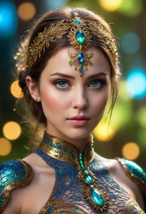 dark fantasy, woman, captivating, in vibrant jewels.... Her accessories include high tech quantum neural lace and glowing gold plasma body sheath, (full body view), eyes glowing, bokeh, lens flres, perfect composition, beautiful detailed intricate insanely detailed octane render trending on artstation, 8 k artistic photography, photorealistic concept art, soft natural volumetric cinematic perfect light, chiaroscuro, award, winning photograph, masterpiece, <lora:Portrait_perfection:.8>, green, eyes, blue, brown, perfecteyes, <lora:PerfectEyesXL:.8>