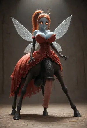 futanari, devil, evil, red skin, ginger, fairy fack centaur, (Jack cayless art style), ((youthful small very puffy pointed ski-jump breasts with huge areolas:1.3)), natural breasts, cleavage, ((massive heavy detailed red equine cock and balls:1.3)), excessive pubic hair, (old milf:1.11), tiny odd little pixie, long spindly arms and mantis-like proportions, no pupils, glowing eyes, anime style, blue skin, f/1.4 lens, bokeh, tiny Daisy fairy princess, insect wings, see-through gossamer, in heat, in a video game, bombshell hair, glowing ginger hair, side ponytail, handstand, show full body in view, victorian, red dress, cyborg, style, android, spirit, creepy, centaur, female, brown, horse, body, hooves, tail, up, from, below, side, behind, <lora:EnvyPixieXL01:.8>, <lora:victorian_dress-XL-2.0:.8>, <lora:cyborg_style_xl-alpha:2>, <lora:EnvySpiritXL02-creepy:.8>, <lora:centaurs_042_merge_sdxl:.8>
